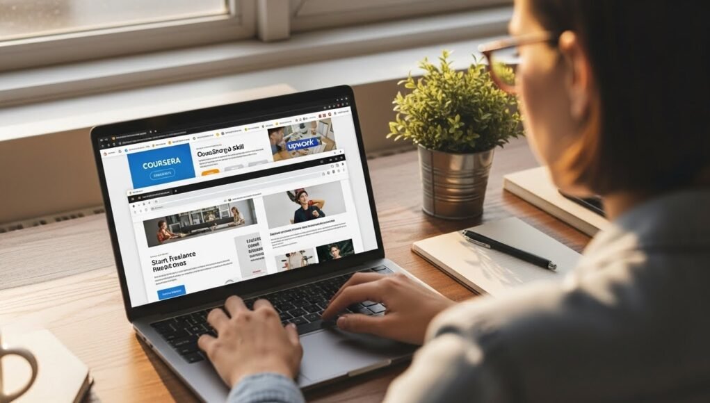 Person typing on laptop displaying online learning and freelance